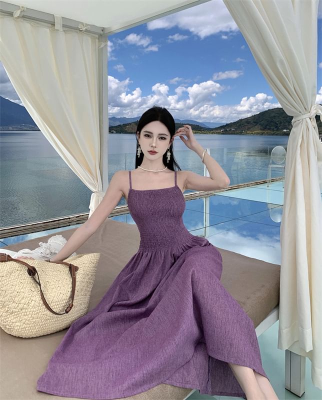 Strap Spaghetti A-Line Plain Dress Midi