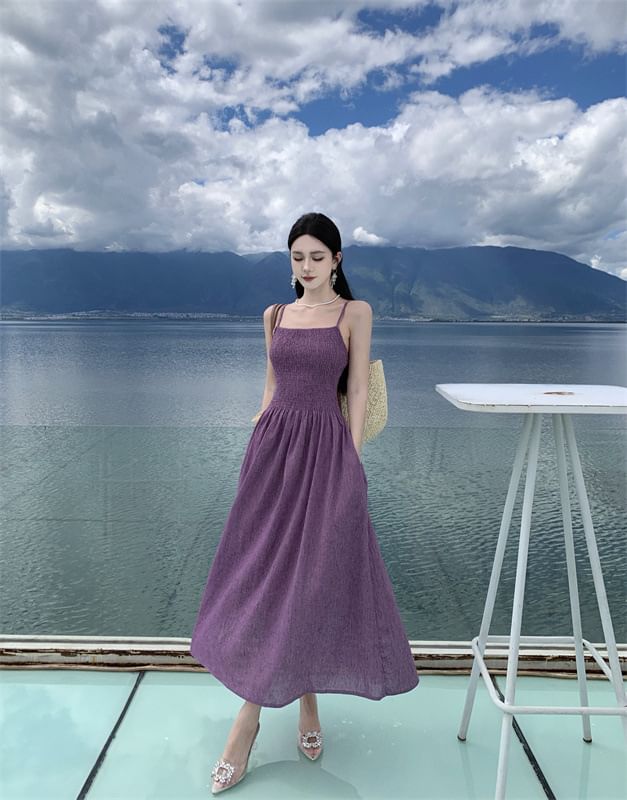 Strap Spaghetti A-Line Plain Dress Midi