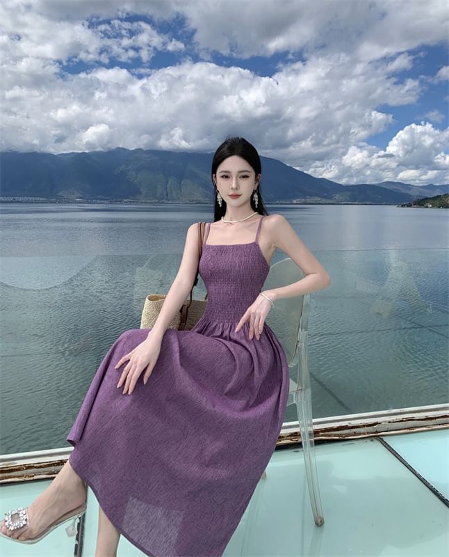 Strap Spaghetti A-Line Plain Dress Midi