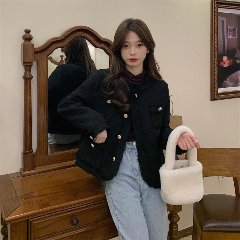 Plain Fringed Tweed Button Jacket