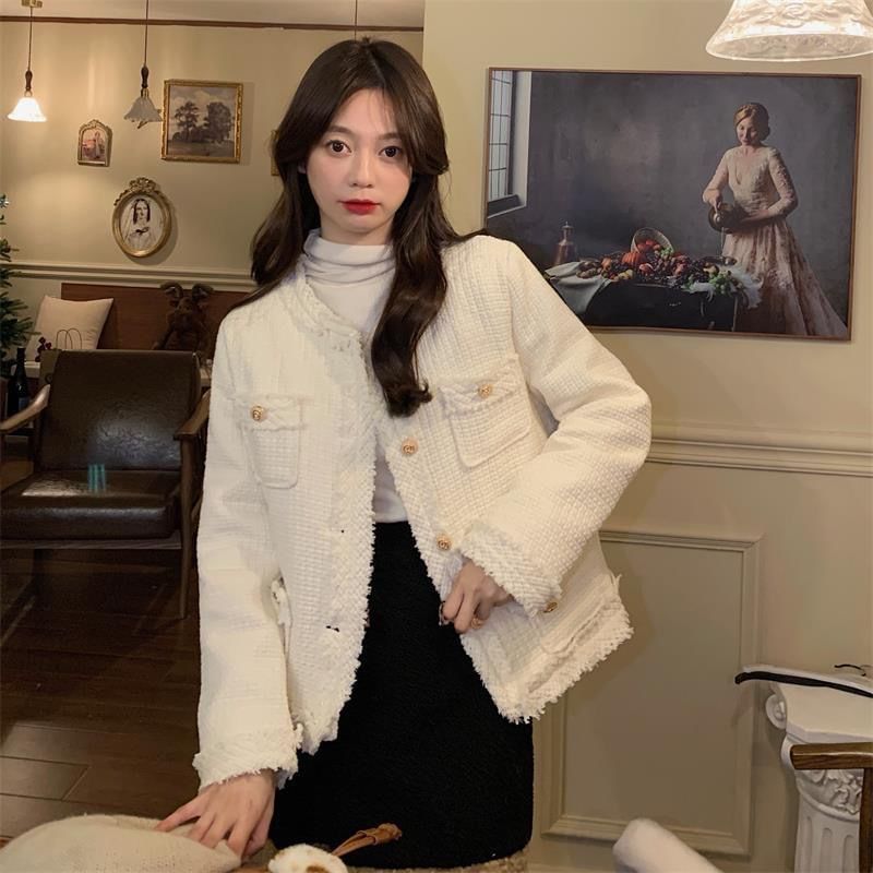 Plain Fringed Tweed Button Jacket