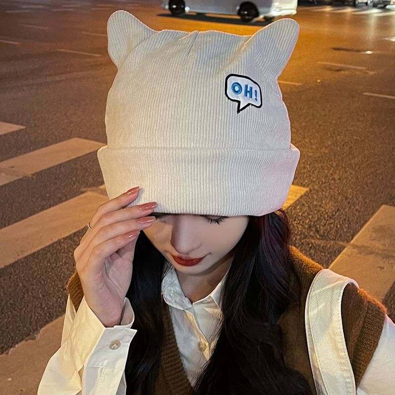 Knit Beanie Ear Embroidered Lettering Cat