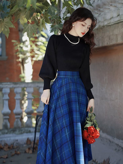 Balloon Sleeve Mock Neck Plain Sweater / High Waist Plaid Midi A