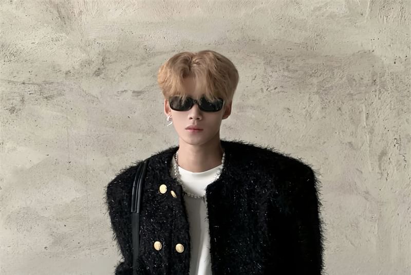 Crew Neck Plain Tweed Double-Breasted Jacket