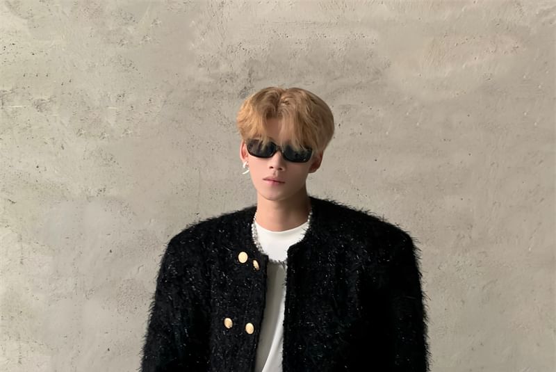 Crew Neck Plain Tweed Double-Breasted Jacket