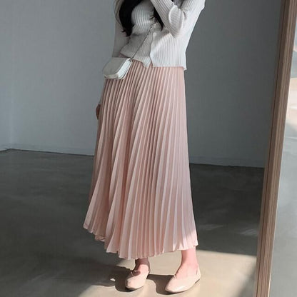 Elastic Waist Plain Accordion Pleated Midi A-Line Skirt