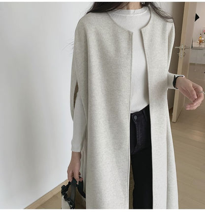 Round Neck Plain Midi Open Front Vest