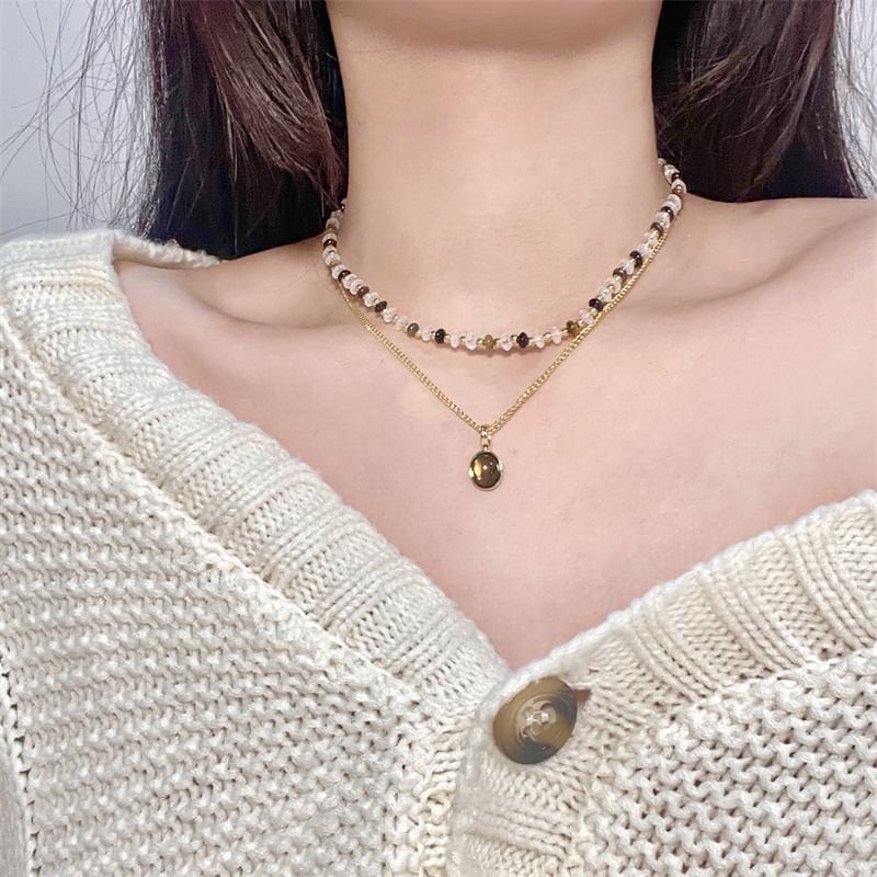 Necklace Gemstone Layered Pendant Beaded