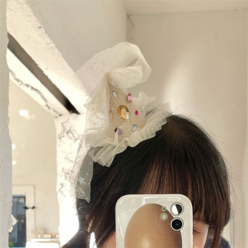 Mesh Hat Rhinestone Hair Clip Party