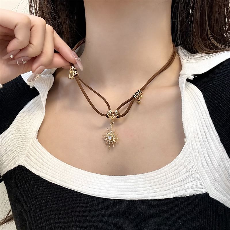 Pendant Necklace Sun Faux Leather Rhinestone