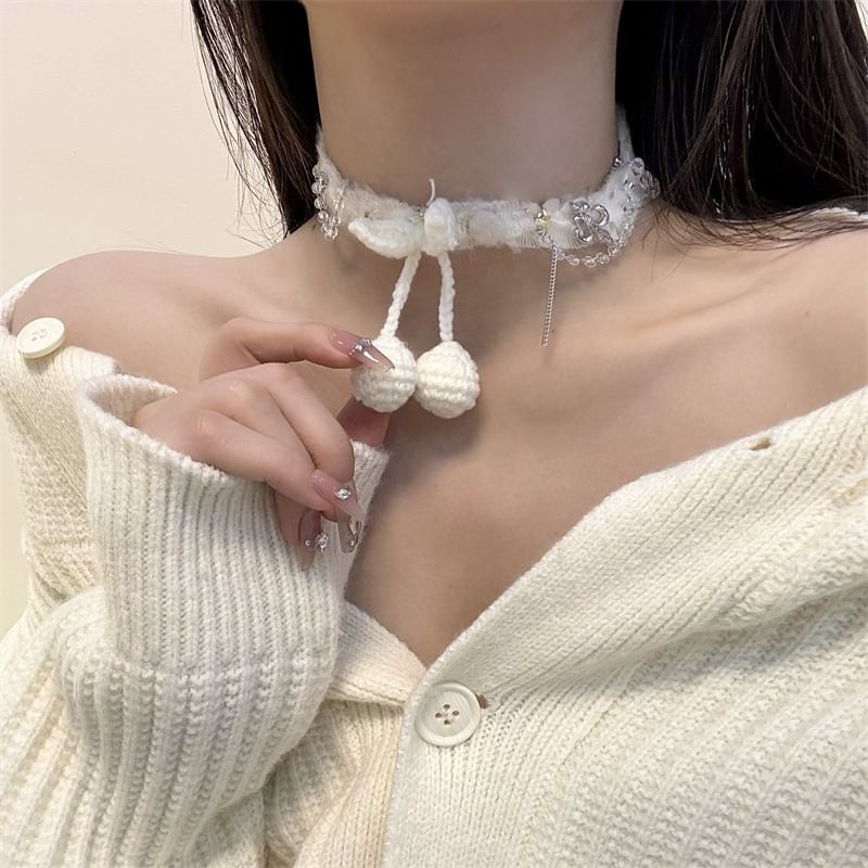 Bead Fringed Choker Fabric Cherry