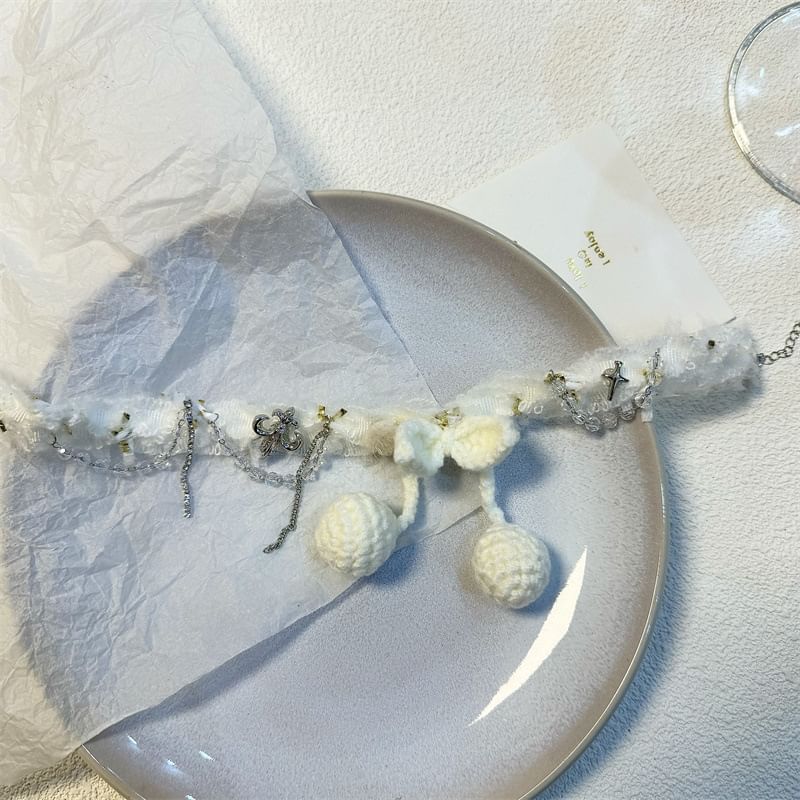 Bead Fringed Choker Fabric Cherry