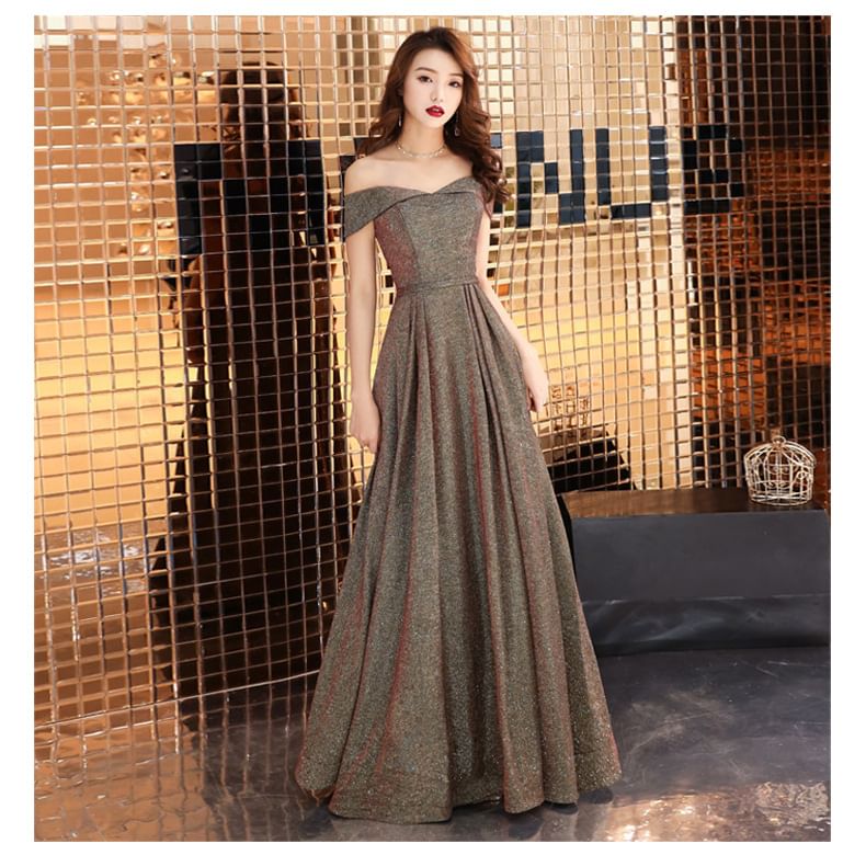 Off Shoulder Plain A-Line Evening Gown