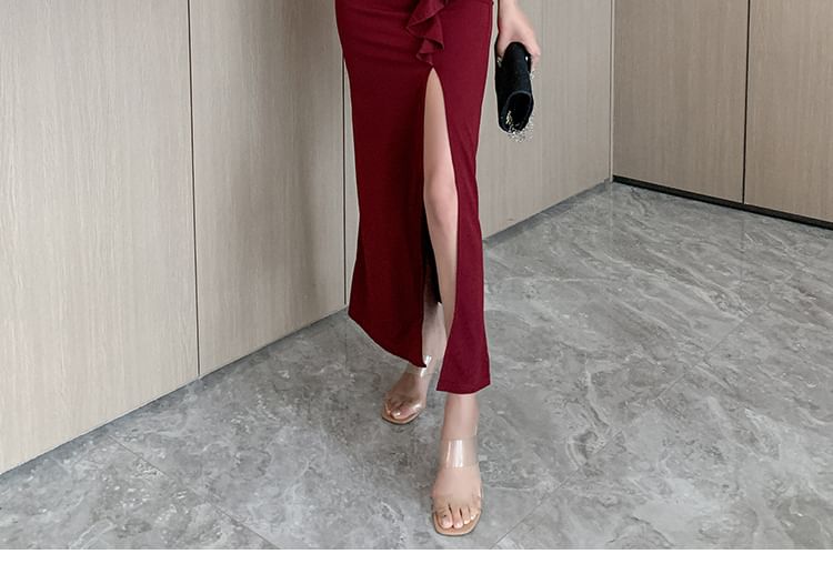 Spaghetti Strap V-Neck Plain Slit Maxi Sheath Dress