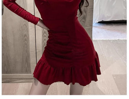 Long-Sleeve V-Neck Plain Mini Bodycon Dress