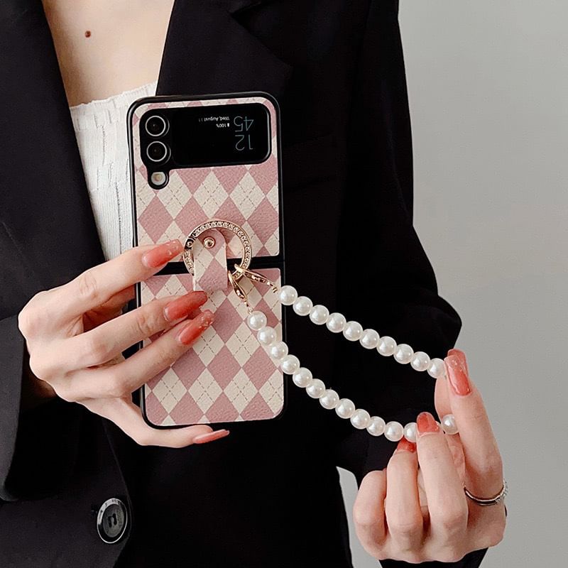 Phone Pearl Case Faux Strap Argyle