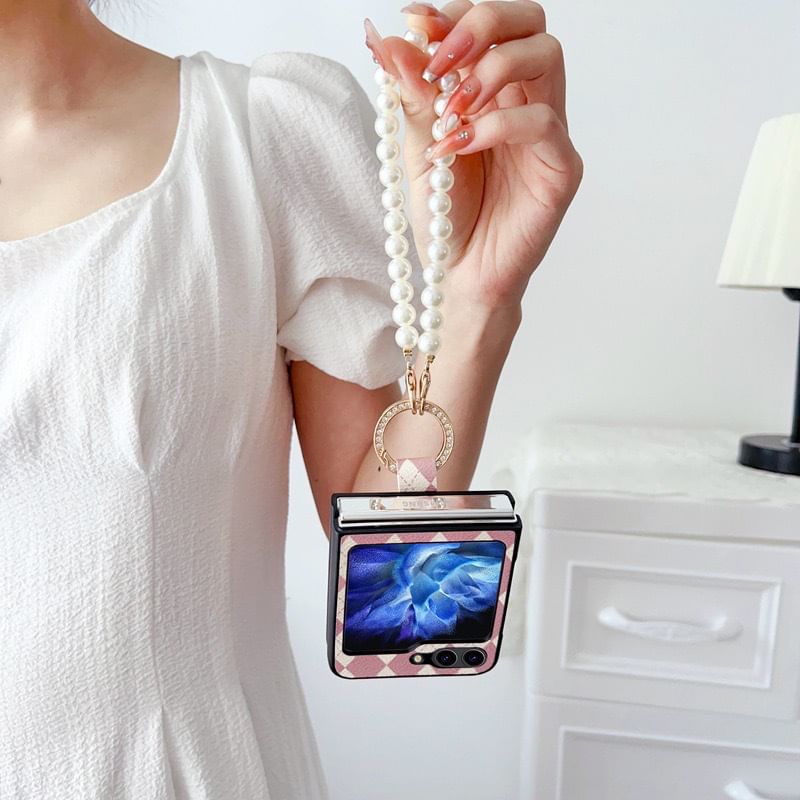 Phone Pearl Case Faux Strap Argyle