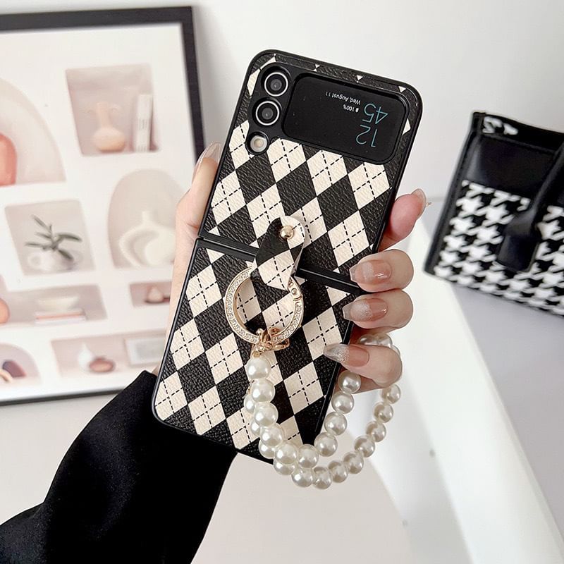 Phone Pearl Case Faux Strap Argyle