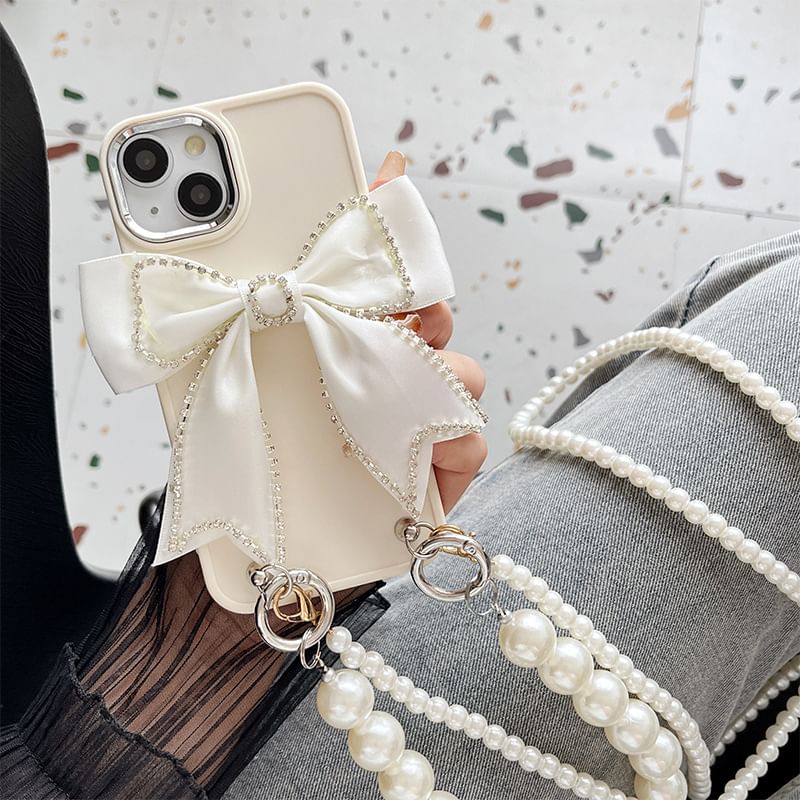 Faux Case Phone Lanyard Pearl Bow