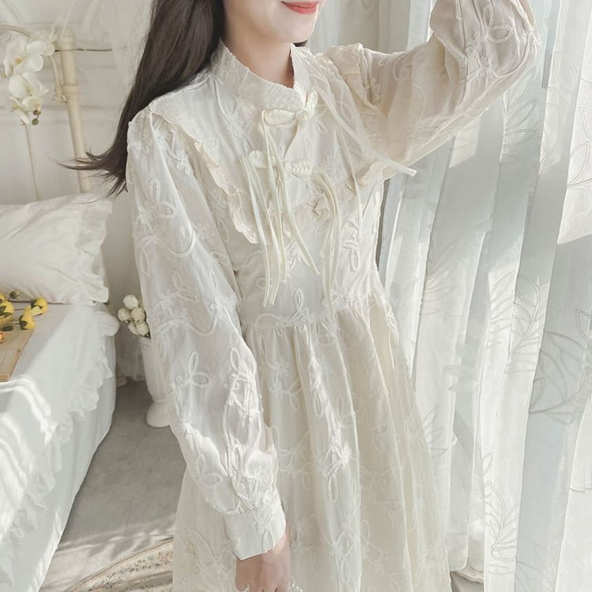 Long-Sleeve Mandarin Collar Plain Ruffle Frog Closure Midi A-Line Dress