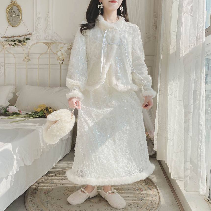 Set: Round Neck Plain Sequin Fluffy Trim Lace Overlay Frog Closure Jacket + High Waist Midi A-Line Skirt