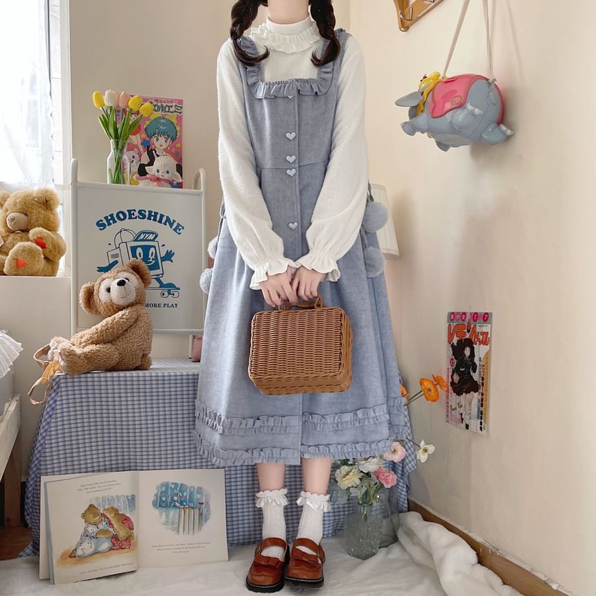 Long-Sleeve Mock Neck Plain Ruffle Top / Square Neck Plain Ruffle Heart Button Midi A-Line Overall Dress