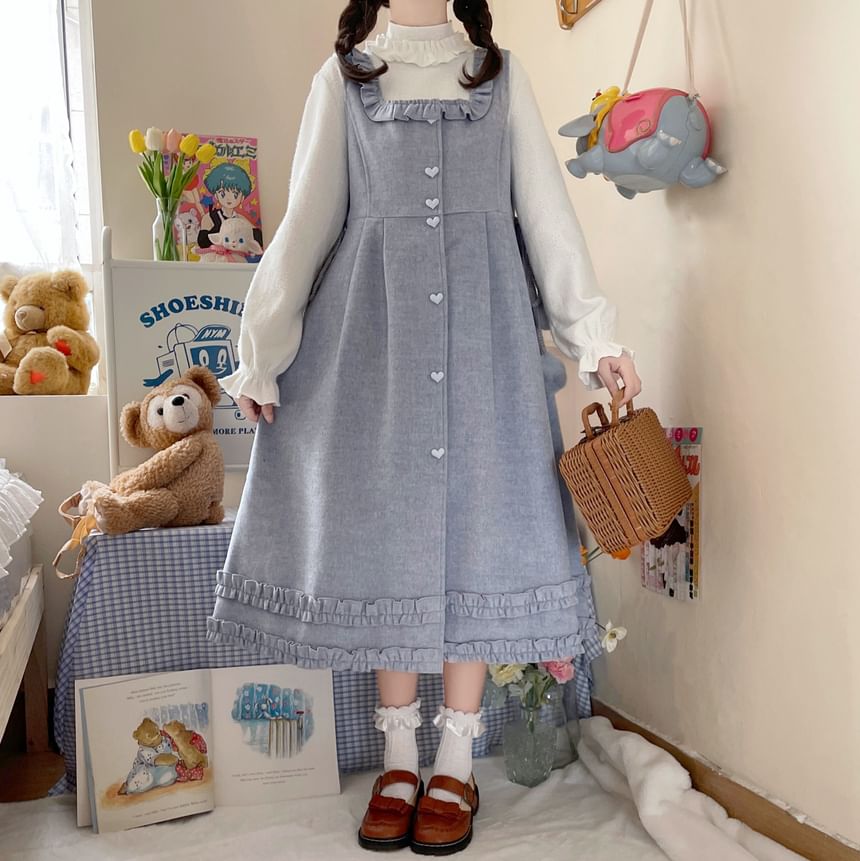 Long-Sleeve Mock Neck Plain Ruffle Top / Square Neck Plain Ruffle Heart Button Midi A-Line Overall Dress