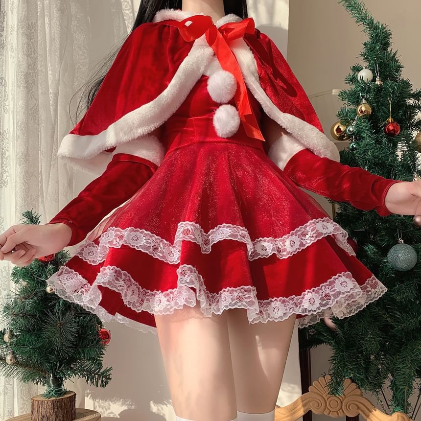 Pom Pom Ruffle Velvet Mini A-Line Tube Dress / Arm Sleeves / Tie Front Capelet / Christmas Party Costume Set