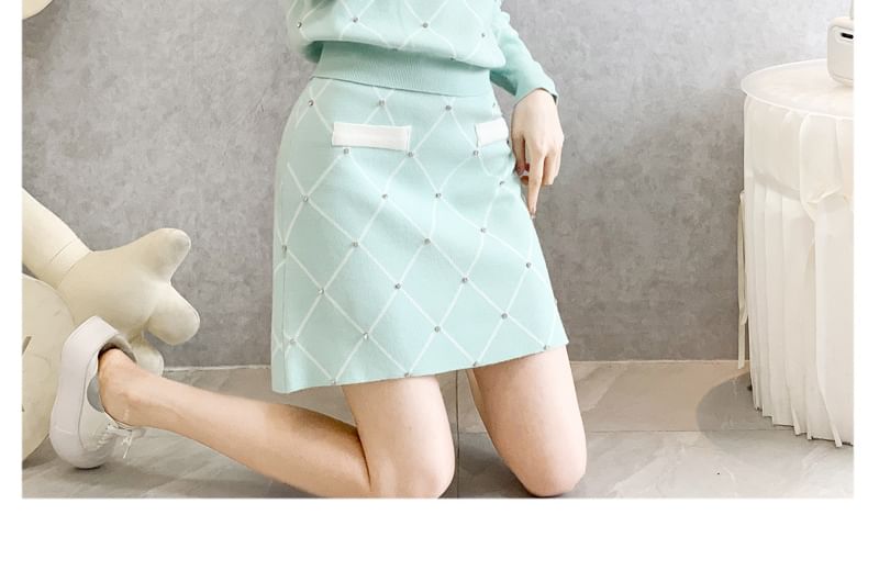 Set: Crew Neck Plaid Rhinestone Sweater + High Waist Mini A-Line Skirt