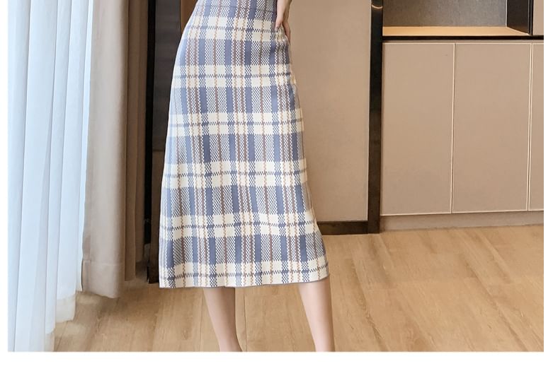 high Waist Plaid Midi Straight Skirt