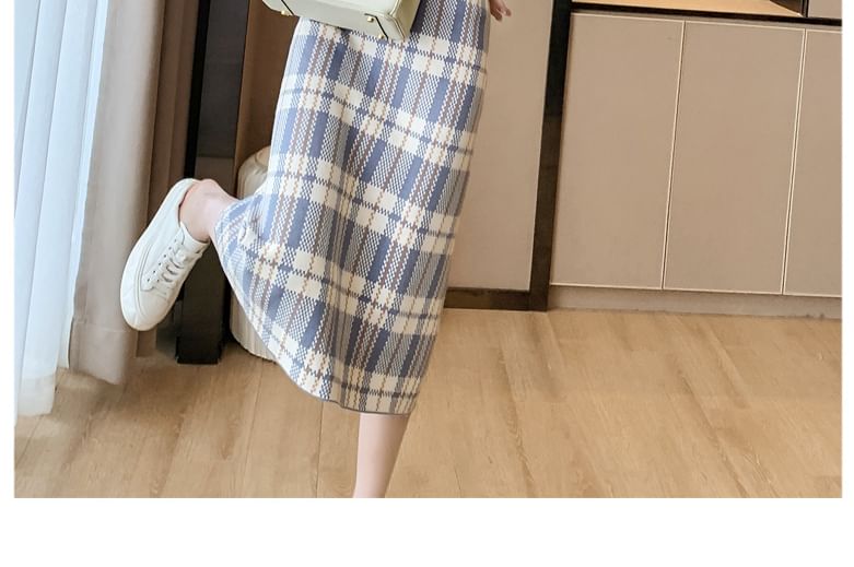 high Waist Plaid Midi Straight Skirt