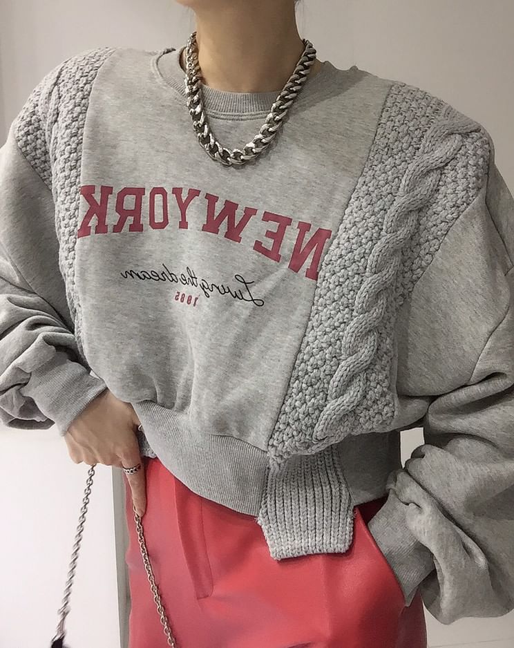 Crew Neck Lettering Asymmetrical Knit Panel Sweatshirt