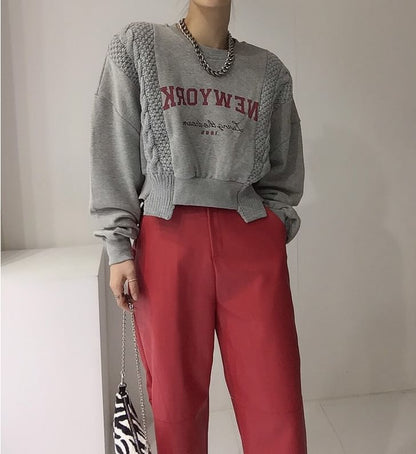 Crew Neck Lettering Asymmetrical Knit Panel Sweatshirt