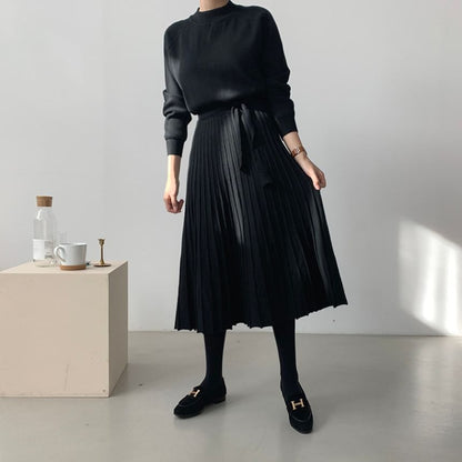 Long-Sleeve Mock Neck Plain Accordion Pleated Midi A-Line Knit Dress