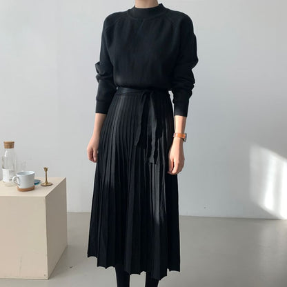 Long-Sleeve Mock Neck Plain Accordion Pleated Midi A-Line Knit Dress