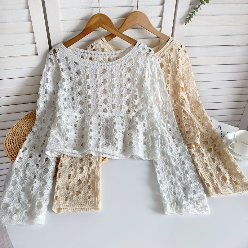 Long-Sleeve Crew Neck Crochet Lace Top