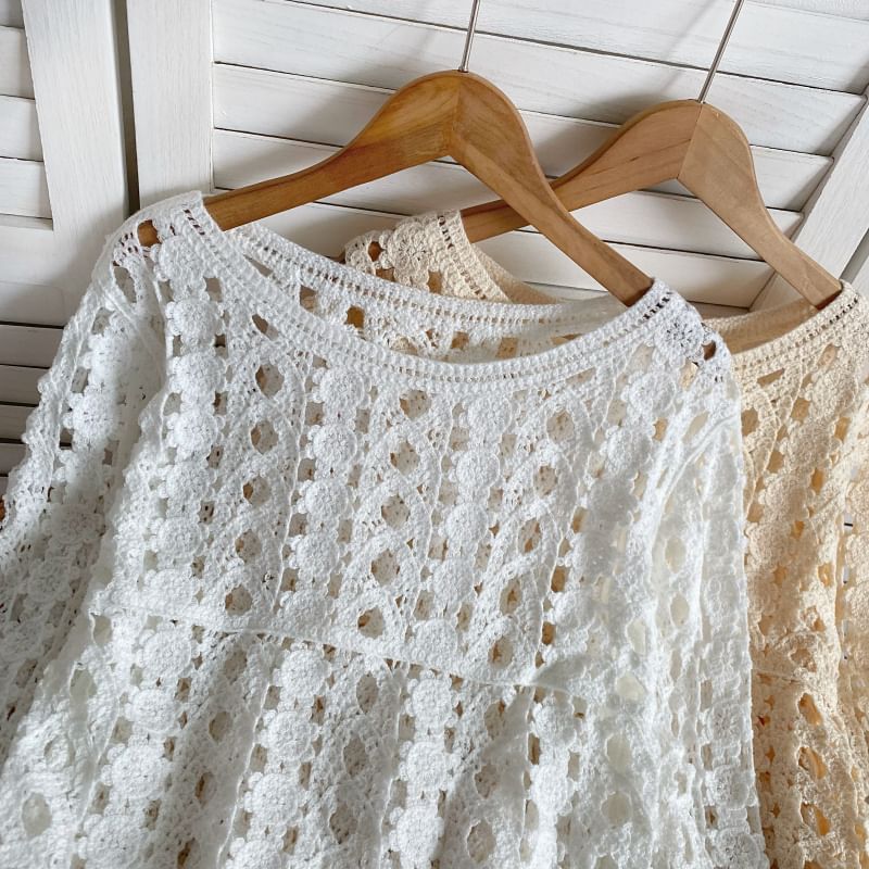 Long-Sleeve Crew Neck Crochet Lace Top