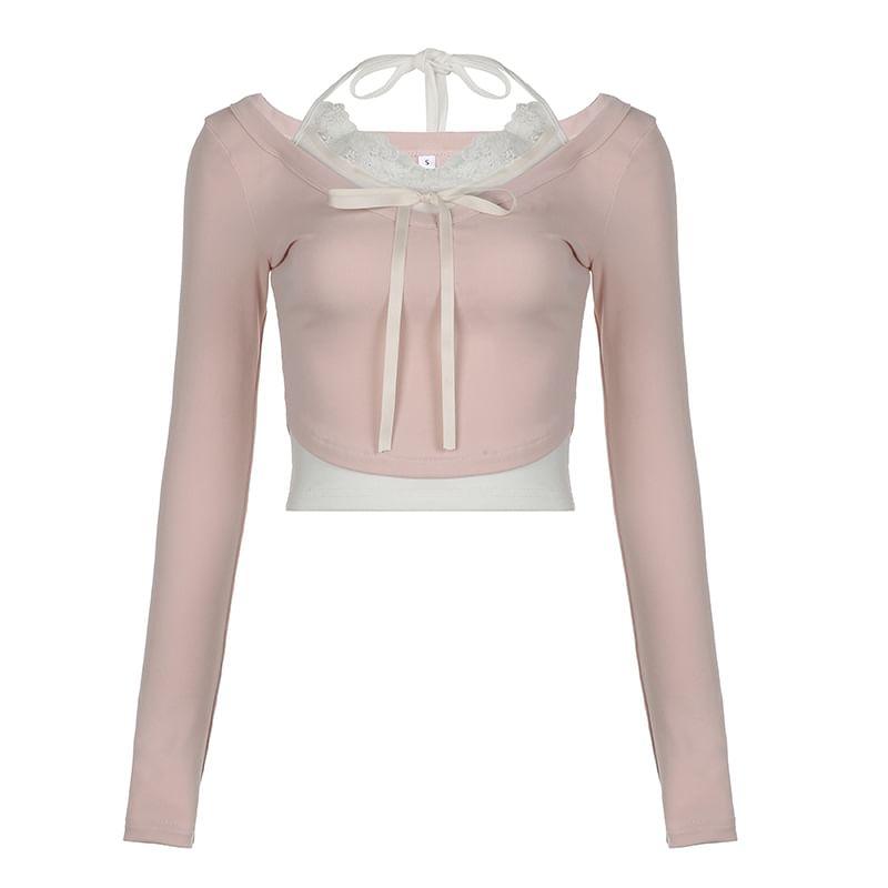 Long-Sleeve Halter Neck Mock Two-Piece Two Tone Lace Panel Bow Accent Slim Fit Crop Top