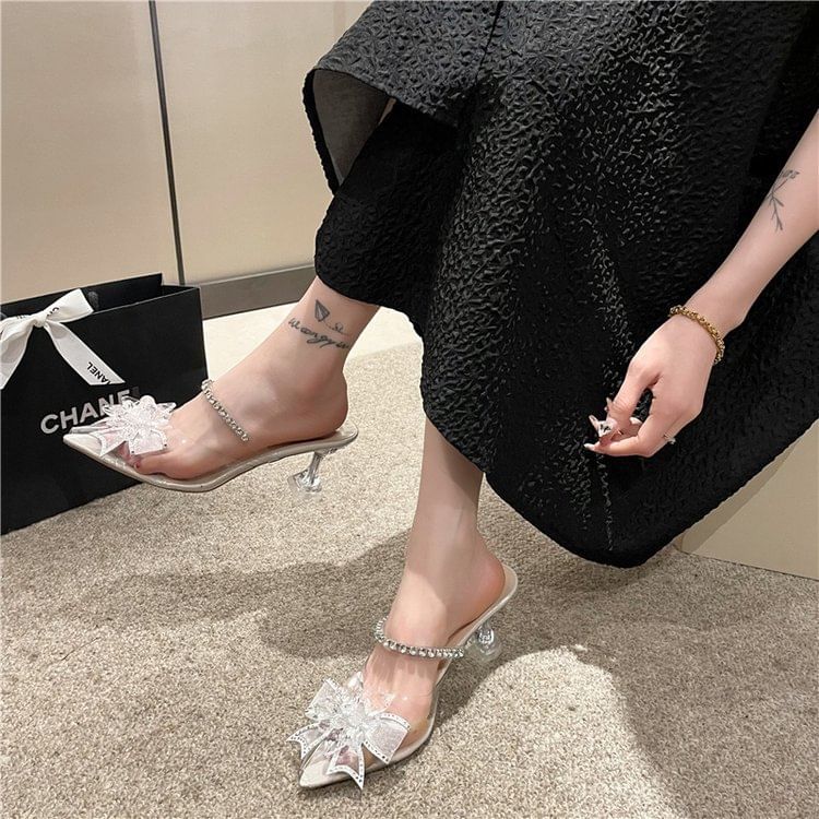 Rhinestone Kitten Heel Mules Bow Pointed
