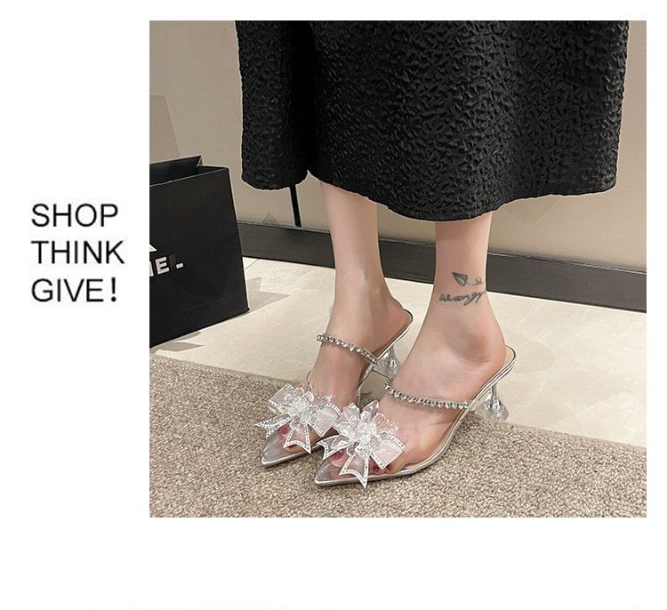 Rhinestone Kitten Heel Mules Bow Pointed