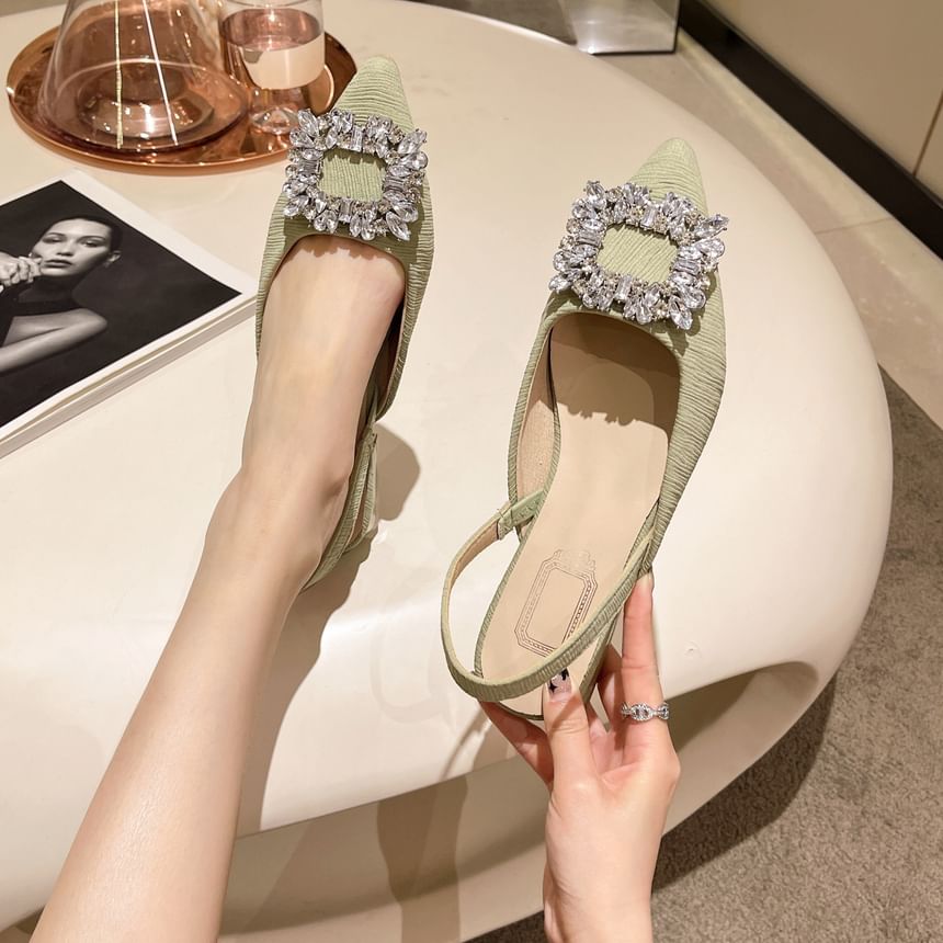 Slingback Pointed Sandals Rhinestone Chunky Heel