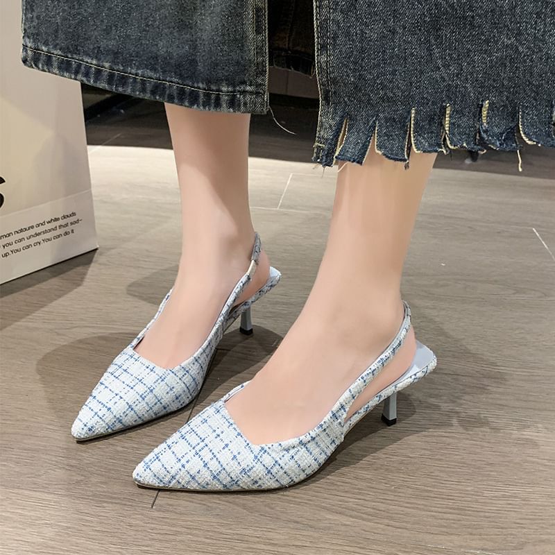Sandals Heel Pointed Kitten Slingback Plaid