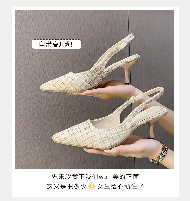 Sandals Heel Pointed Kitten Slingback Plaid