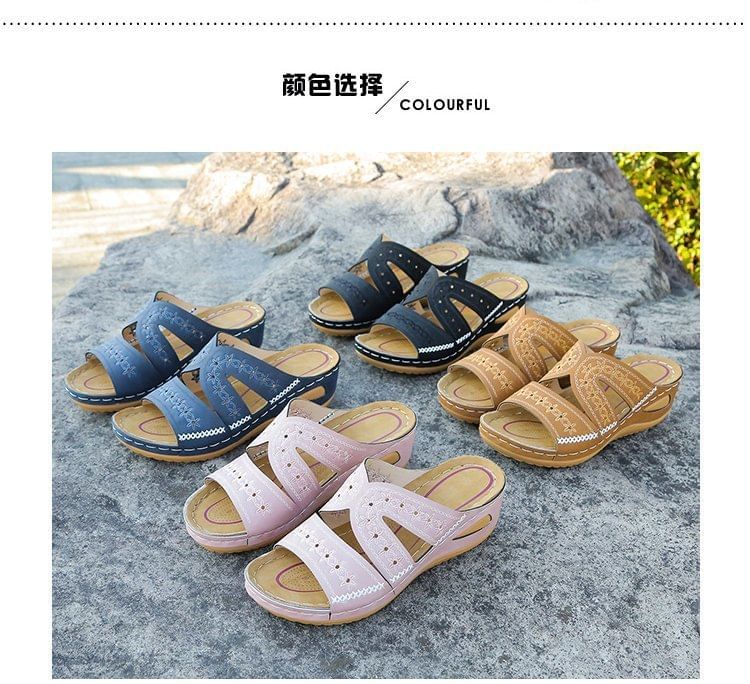 Platform Sandals Slide Flower Wedge Embroidered