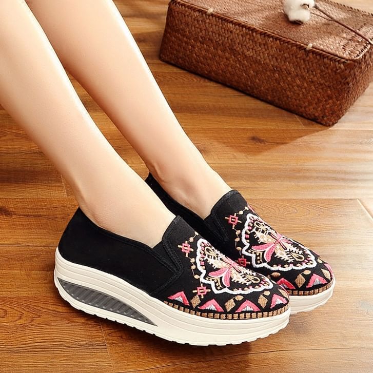 Platform Embroidered Slip Ons