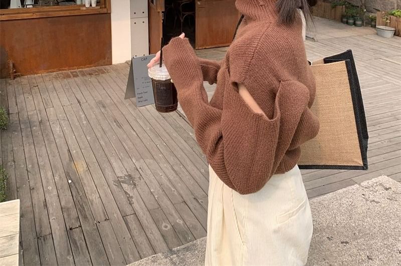 Sweater Loose-Fit Plain Cold-Shoulder Turtleneck