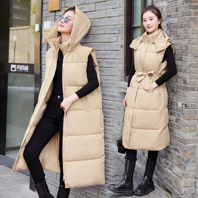 Plain Hooded Midi Puffer Vest