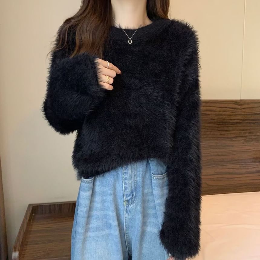 Crewneck Plain Woolen Oversize Cropped Sweater