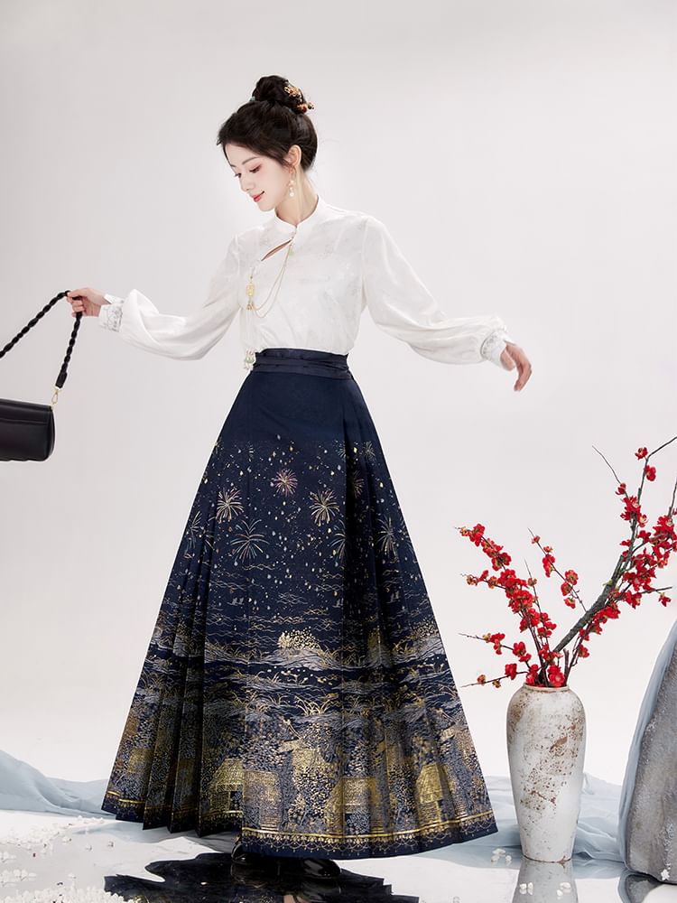 Puff-Sleeve Floral Jacquard Hanfu Top / High Waist Printed Pleated Midi Ma Mian Skirt / Set