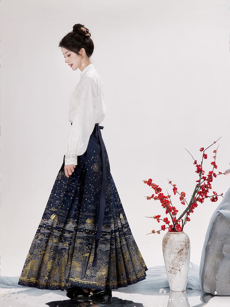 Puff-Sleeve Floral Jacquard Hanfu Top / High Waist Printed Pleated Midi Ma Mian Skirt / Set